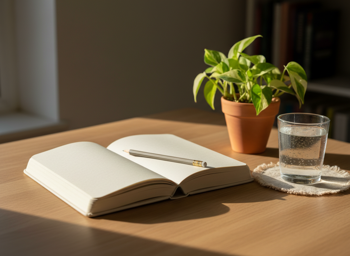 A smooth, matte ceramic journal lying open on a light oak desk, its blank pages inviting reflection, with a slim graphite pencil resting diagonally across the center. Beside it, a clear glass of water with tiny droplets on the outside sits on a linen coaster, and a small leafy houseplant in a simple clay pot softens the scene. Gentle morning sunlight filters through an unseen window, casting delicate shadows and a warm, hopeful glow. Photographic realism, eye-level composition with a shallow depth of field keeps the journal in sharp focus while the background softly blurs, creating a calm, professional, and introspective mood suited for a mental wellness self-check.